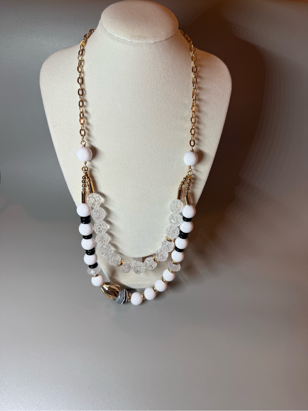 Statement Layered Beaded Necklace White Black Gold Crystal 🗽